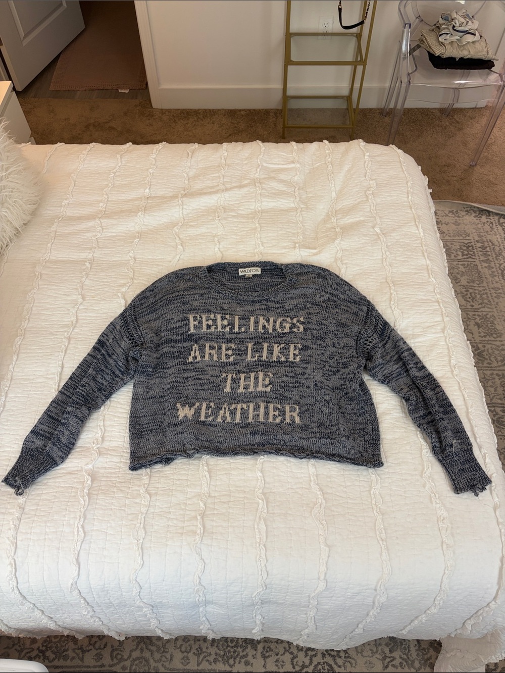 Wildfox Blue Gray Marled Knit Sweater with 'FEELINGS ARE LIKE THE WEATHER'